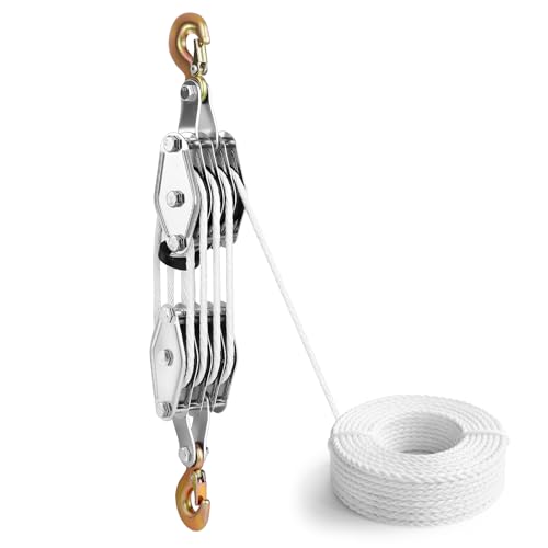 Flaschenzug Schwerlast, Flaschenzug mit Seilbremse Maximale Kapazität 4000LB Max Arbeitssparender Flaschenzug mit Haken&20m Nylon, bis 2,5 m Hubhöhe, Flaschenzug für Industrielle,Garagen, Lagerhallen