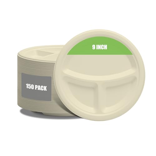 YACEYACE Paper Plates 3 Compartments - 150 Pack Biodegradable Bagasse Plates, Round Disposable Paper Plate for Party, Picnic, Catering, Home, BBQ