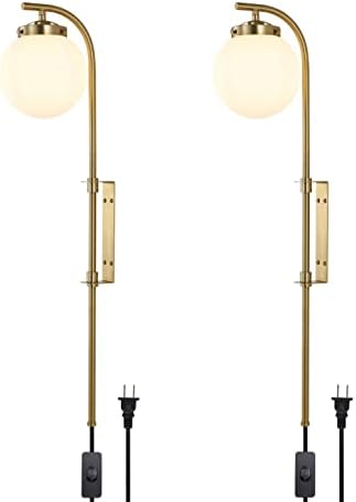 ELEHINSER Wall Sconces Set of 2, Angle Adjustable Plug in Wall Lamps, Modern Gold Indoor Wall Light Globe Shade Wall Mounted Lamp with Switch, Wall Sconce for Bedroom Living Room Study Hallway Bedside