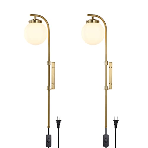 Elehinser Wall Sconces Set Of 2, Angle Adjustable Plug In Wall Lamps, Modern Gold Indoor Wall Light Globe Shade Wall Mounted Lamp With Switch, Wall Sconce For Bedroom Living Room Study Hallway Bedside #TOP3