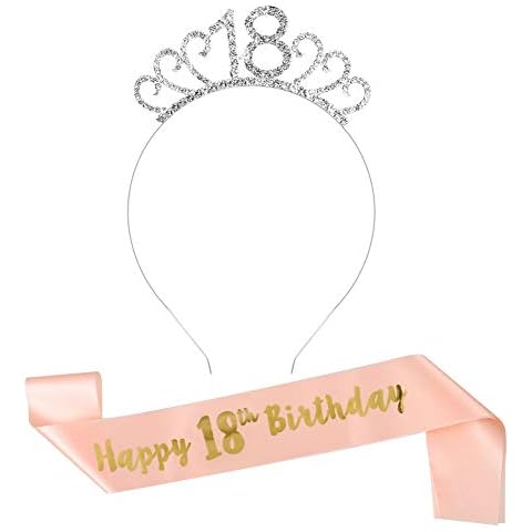 18th Rose Gold Happy Birthday Sash and 18 Birthday Tiara Rhinestone Crown Headband for 18 Birthday Gift Party Accessories,18th Birthday Decoration Girls Women Cover