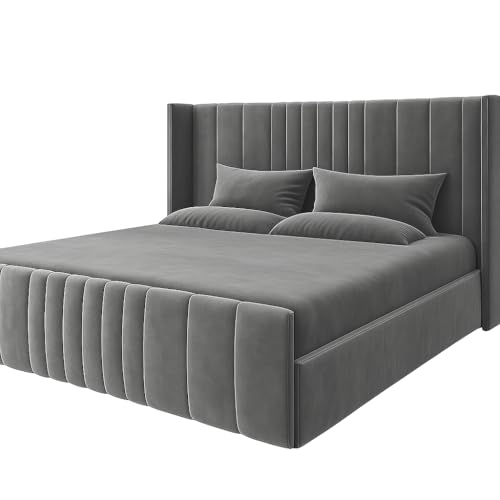 Luxury New Winged Panel Bed Frame Plush Velvet Upholstered Sleigh Bed 5ft king Size Double Uk size (Plush Grey, 5ft King size)