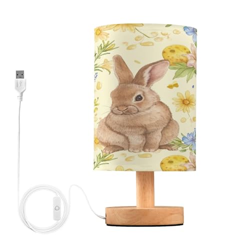SDMKA Watercolor Brown Bunny Bedside Table Lamp for Bedroom, Minimalist Nightstand Lamp with Round Fabric Shade for Living Room, Office, No Bulb Required