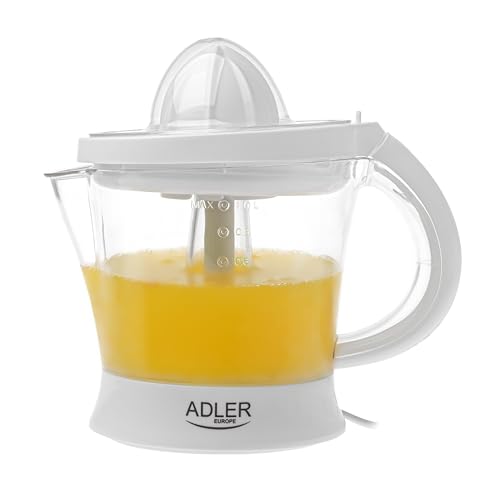 Adler Exprimidor de Cítricos Eléctrico AD 4014, 1.0L, función de inicio/parada automática y un control de pulpa ajustable con Cono de Prensado Doble y Medidor de Capacidad, Blanco