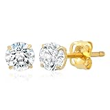 14K Yellow Gold Stud Earrings for Women Men with CZ | Real 14K Gold Cubic Zirconia Stud Earrings with Secure Butterfly Backs | Anti-Tarnishing CZ Earring Size 5MM by MAX + STONE