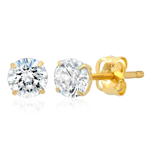14k Gold Solitaire Round Cubic Zirconia Earrings Studs for Women & Men | Anti Tarnishing CZ Stud Earrings with 14k Gold Butterfly Pushbacks | 4MM-7.5MM by MAX + STONE