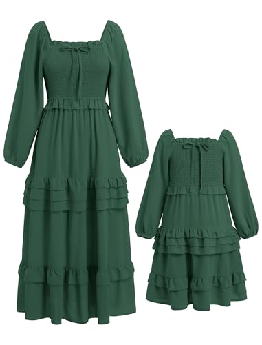 AWIBMK Mother Daughter Matching Boho Dress Long Sleeve Tiered Smocked Dress Holiday Wedding Mom and Me Fall Dress