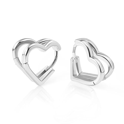 ALEXCRAFT Heart Hoop Earrings for Women, 925 Sterling Silver Huggie Hoop Hypoallergenic Elegant Lightweight Silver Small Cartilage Double Heart Shape Earrings for Women