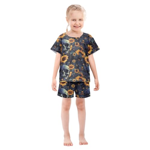 ALAZA Skull and Sunflowers Pajama Set Short Sleeve Sleepwear Soft Lounge Nightwear3