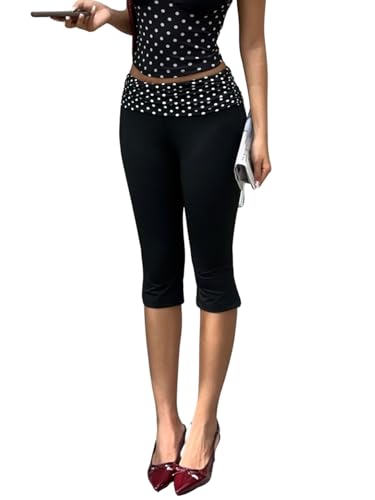 Verdusa Womens Polka Dots Capri Pants Fold Over Slit Knee Length Leggings Black Medium