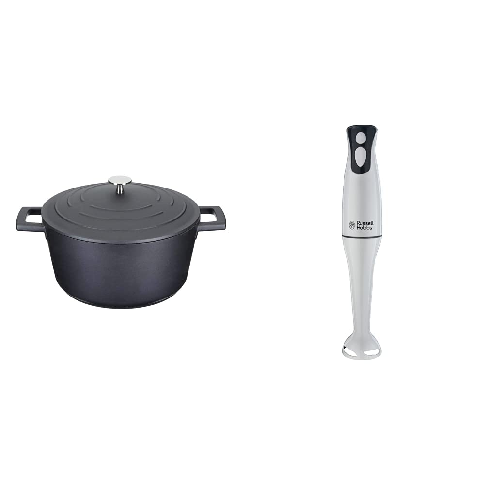 MasterClass Lightweight Casserole Dish with Lid, Cast Aluminium, Black, 4L & Russell Hobbs 22241 Food Collection Hand Blender, 200 W - White