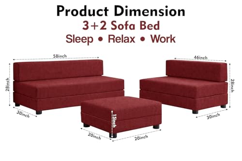 Image of Rosebell 3+2 Convertible Leg Sofa Cum Bed Set with Ottoman Jute Fabric Foldable Modular Seating & Sleeper Space Saving Living Room Furniture - Red Color