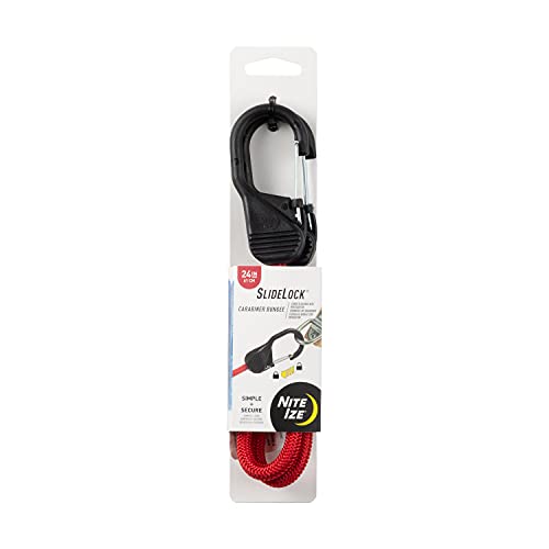 Nite Ize BSL24-10-R3 SlideLock, Premium Tie-Down with Slide-to-Lock Steel Carabiner, 24 Inches, Red Bungee Cord