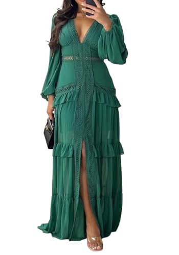 LAJIOJIO Elegant Dresses for Women Wedding Guest,Deep V Neck Puff Long Sleeve Evening Maxi Dress