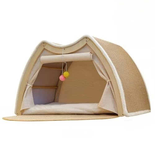 Livmorx 猫 ベッド 猫 爪とぎ 四季通用 半密閉型 大容量 クッション付き 猫 爪研ぎ 通気性 無垢材フレーム 頑丈 耐久性 圧力緩和 猫 ハウス ペットテント 小型犬・多猫家庭向け 組み立て簡単 (78×50×50cm)