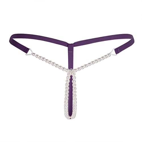 Yartina Women's Mini Mcro Pearls Bikini G-String Thongs Underwear Massage Panties Lingerie Purple One Size