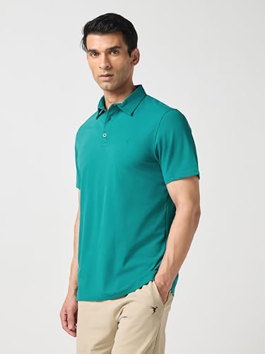 Image of TECHNOSPORT Men's Solid Slim Fit Polo Collar T-Shirt COTFLEX Half Sleeve Button Polyester for Gym Running Workout UPF50+ Anti Odour
