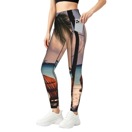 Pantalones de yoga estampados de palmera para mujer mallas deportivas con bolsillos