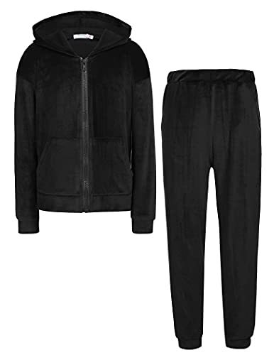 Greatchy Girls 2 Piece Solid Velvet Tracksuit Set Full Zip-Up Hooded Sweatshirts & Pants Set #TOP6