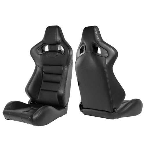 MODILOVER Universal Racing Seats, Adjustable Reclining Bucket Seats with Dual Slider, PU Leather Sport Seat for Driver and Passenger Side, 1 Pair, Black w/Logo-Thin Seat Base