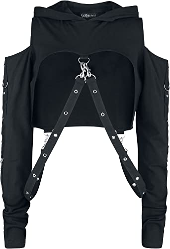 Sweat à capuche cropped noir Gothicana avec lanières ajustables style bondage