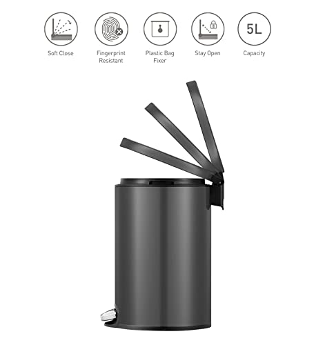 Image of Obsessions EKO Soft-Close Bathroom Trash Can - 5L Stainless Steel Pedal Bin with Lid & Liner, Elegant Black Steel Waste Basket for Home & Kitchen