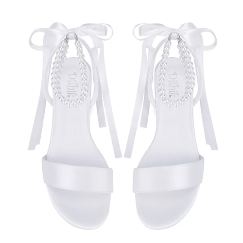 Image of Satin Wedding Flats for Bride Pearl Sandals Open Toe Bridal Shoes Flat Wedding Shoes for Bride