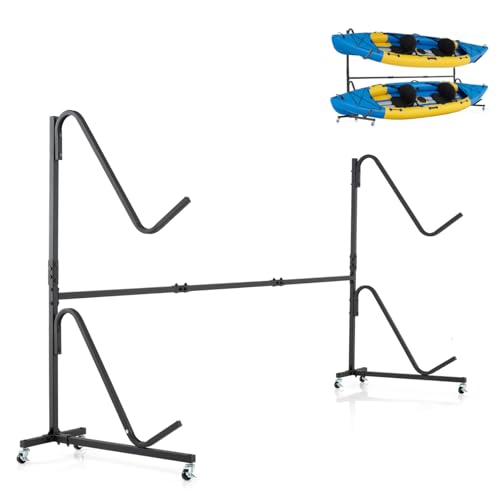 COSTWAY Freestanding Kayak Storage Rack with 6 Lockable Wheels and Hooks, Outdoor Indoor Dual Kayak Stand Carrier for SUP, Canoe and Paddleboard