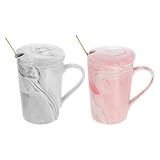 SHINEOFI Tazas de Café de Cerámica Diseño de Mármol 2 Piezas Tapa y Cuchara Capacidad Media Colores Rosa y Gris Tazas Decorativas para Té y Agua en Hogar Obsequio para Parejas