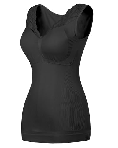 Tummy Control Shapewear Tank Tops with Built in Bras Lace V Neck Compression Camisole Tops Shaper Cami for Women