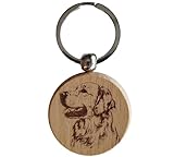 Produit unique : Porte-clés artisanal en bois de hêtre rond (8x4 cm) orné d’un magnifique visage de Golden Retriever, gravé avec soin pour les amoureux des chiens.