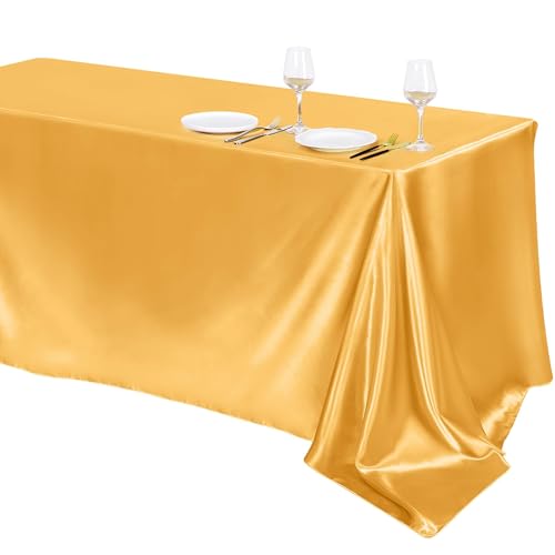 Image of TURSTIN 1 Pack Gold Satin Tablecloth 102 x 58 Inch Overlay Satin Table Cover Rectangle Bright Silk Tablecloth Smooth Fabric Table Decoration for Wedding Banquet Party Events
