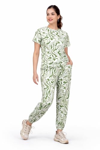 Image of Women Printed T-Shirt and Track Pant Set | Cotton Co-Ord Night Suit for Women | Lounge Wear, Sleepwear, Gym Wear | Half Sleeve Top & Elastic Waist Joggers | Stylish
