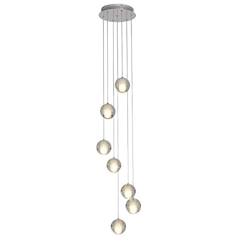 AIRUI 7 Heads Crystal Ball Pendant Light Modern Drop Chandelier Height Adjustable Hanging Lamp Ceiling Lighting For Living Room Spiral Staircase Hall,Cold White-G4 21W Cover