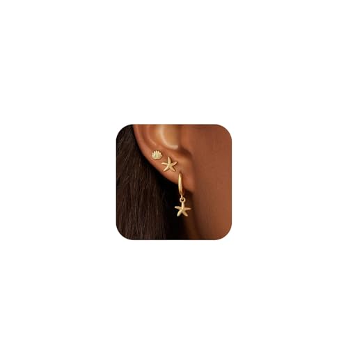 MBW Gold Starfish Earrings for Women, Small Dainty 14k Gold Plated Seashell Conch Pearl Hoop Dangle Earrings Stud Sets Beach Ocean Halloween Jewelry Gifts for Women Trendy
