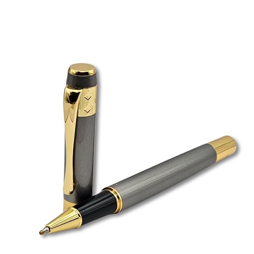Image of Venti Gold Trim Roller Ball Pen| Black Body Color | Ink Color - Black| Novel Gifts For Professionals | Premium Pens For Personal & Professional Use | Return Gift | (5116-Grey, Roller)