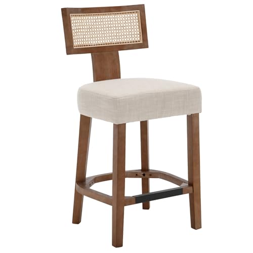 26’’ Rattan Barstools with Back Counter Height Bar Stools Set of 1, Modern Farmhouse Beige Linen Upholstered Wicker Counter Stools, Woven Boho Bar Height Stools with Natural Wood Frame