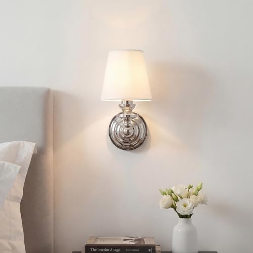 Image of Antique Linen Shade Wall Sconce- Brass Finish Base and Conical Fabric Shade Wall Light Fixture for Bathroom, Bedroom, Dining Room and Entryway(6.5 inch D x 11.5 inch H Chrome)