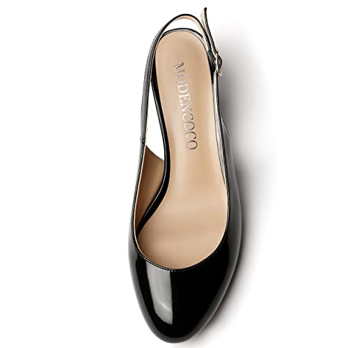 MODENCOCO Women's Buckle Slingback Round Toe Patent Block Solid Chunky Low Heel Pumps Shoes 2 Inch3