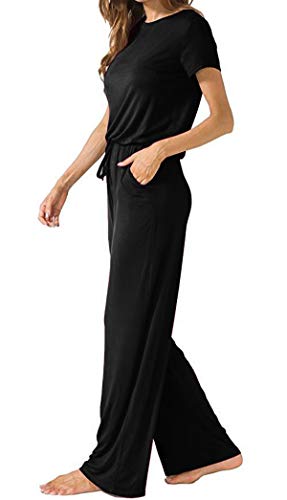 Artfish Women Casual Loose Wide Legs Jumpsuit Short Sleeve Pants Romper With Pockets Black, M #TOP1