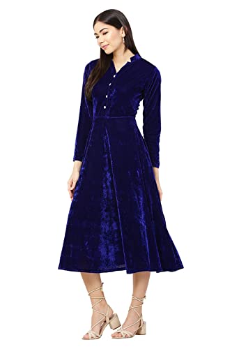 Image of Women's Midi Velvet Short DressWith Band Collar and Sleeve