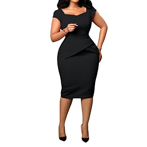 Ekaliy Women's Sweetheart Neck Cap Sleeve Bodycon Pencil Dress Wear To Work Office Sheath Dress Black L #TOP16