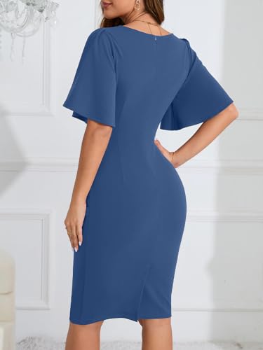Image of IHOT 2024 Women's Vintage Ruffle Short Sleeve Ruched Bodycon Cocktail Party Work Dress