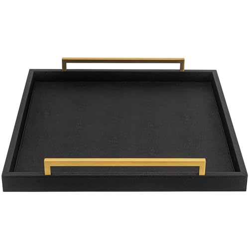 Extra Black Large Serving Tray with Handles for Ottoman,Versatile Shagreen Leather Square Ottoman Tray for Living Room