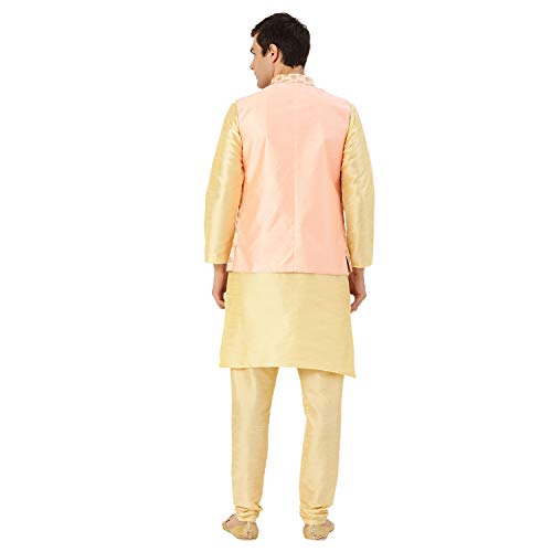 Image of SOJANYA (Since 1958 Men's Cotton Linen Maroon Kurta and White Pyjama with Mustard Cotton Nehru Jacket
