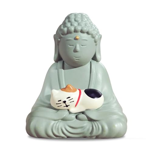 Estatua Mini Buda Sonriente con Gato para Decoración