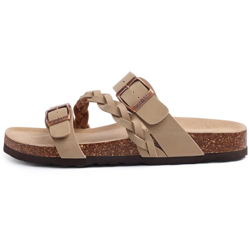 Image of KIDMI Women's Cork Footbed Sandals with Arch Support Comfortable Slip-On Slide Sandals With Adjustable Buckle for Summer