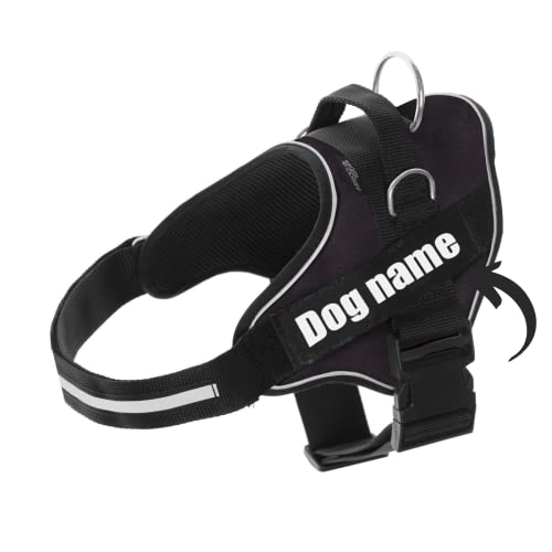Arnes Personalizado para Perros Reflectante - Incluye 2 Etiquetas con Nombre - Tamaño Pequeño, Mediano y Grande - De Calidad y Resistente (XL30-45KG, Negro) Cover
