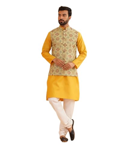 Image of SOJANYA (Since 1958 Men's Cotton Blend Kurta & White Churidar Pyjama with Nehrujacket