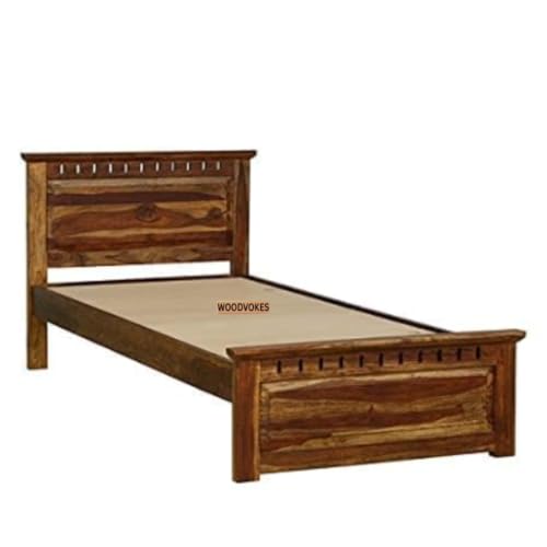 Image of Solid Sheesham Wood Single Bed with Headboard & Footboard | Sturdy Wooden Cot for Bedroom, Hostel & PG | Modern Design Single Wooden Bed Frame (Mattress Not Included) (Natural)